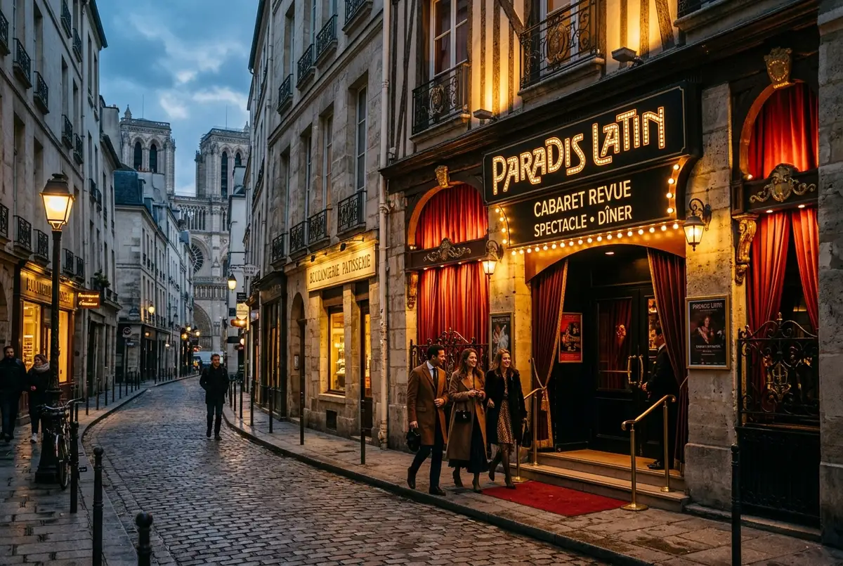 Intieme cabaretgevel op de Parijse Linkeroever warm verlicht bij schemering dicht bij de Notre-Dame, kleine luifel, enkele goed geklede gasten arriveren op een rustige kasseistraat, paradis latin parijs ingangsscene