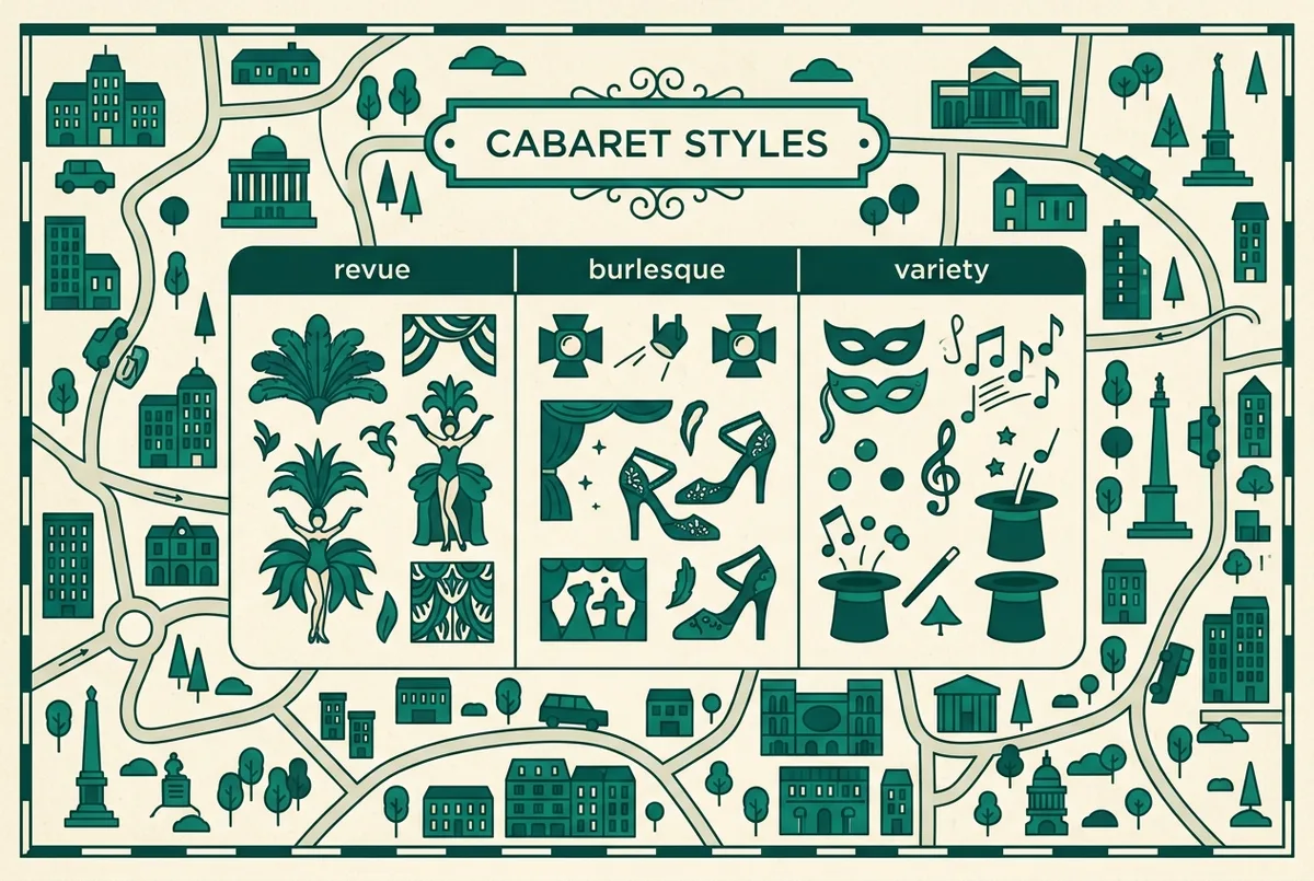 Infographie simple en style plat montrant quatre genres de spectacle de cabaret parisien côte à côte avec des icônes génériques de masque, de plume et de scène, sans nom de salle ni prix affiché, cabaret burlesque paris répartition des genres