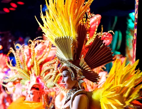 Biglietti Moulin Rouge: ballerina con copricapo di piume dorate e corona a ventaglio sul palco